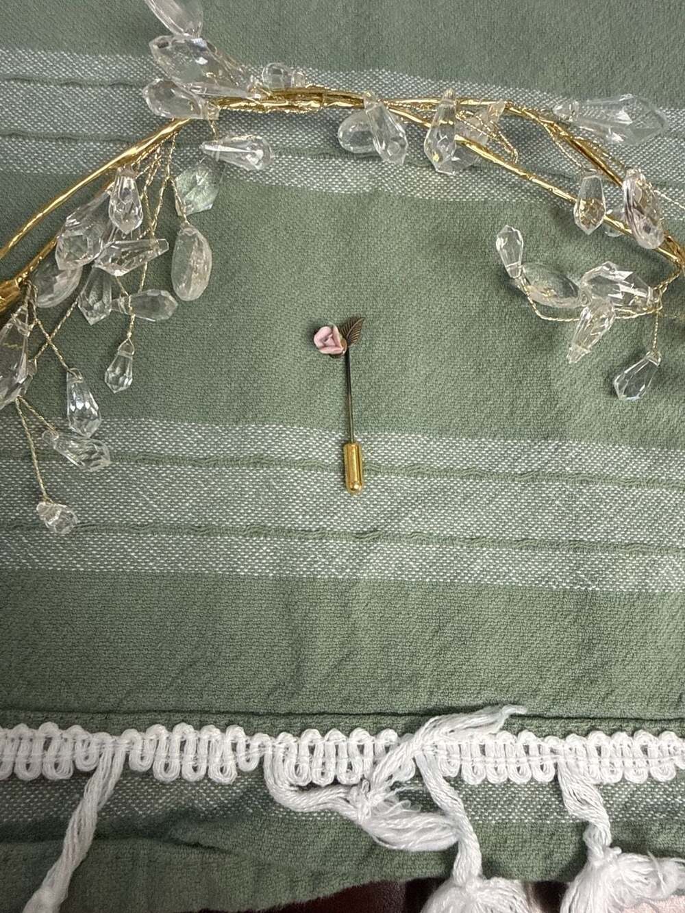 Vintage Porcelain Pink Rose Stick Pin — Gold Tone Leaf Detail